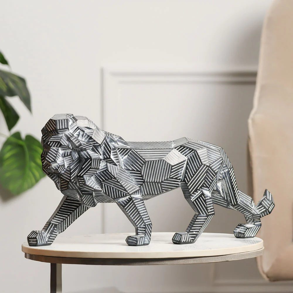 Fractal Lines Lion Sculpture - Black & White - Image 5