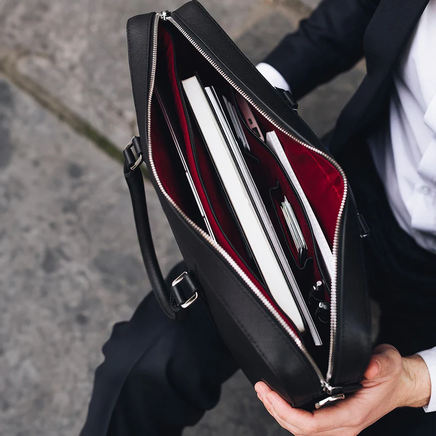 Manhattan Leather Briefcase - Black & Racing Red - Image 9