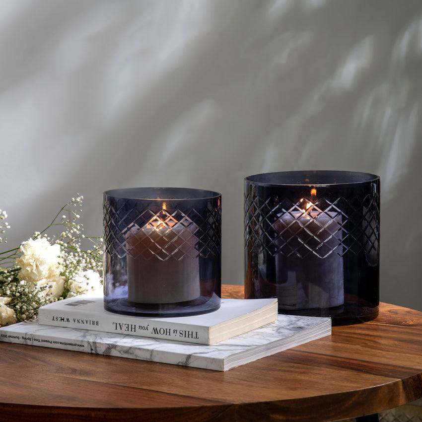 Seline Textured Glass Hurricane Large - Smoke Grey - Image 4